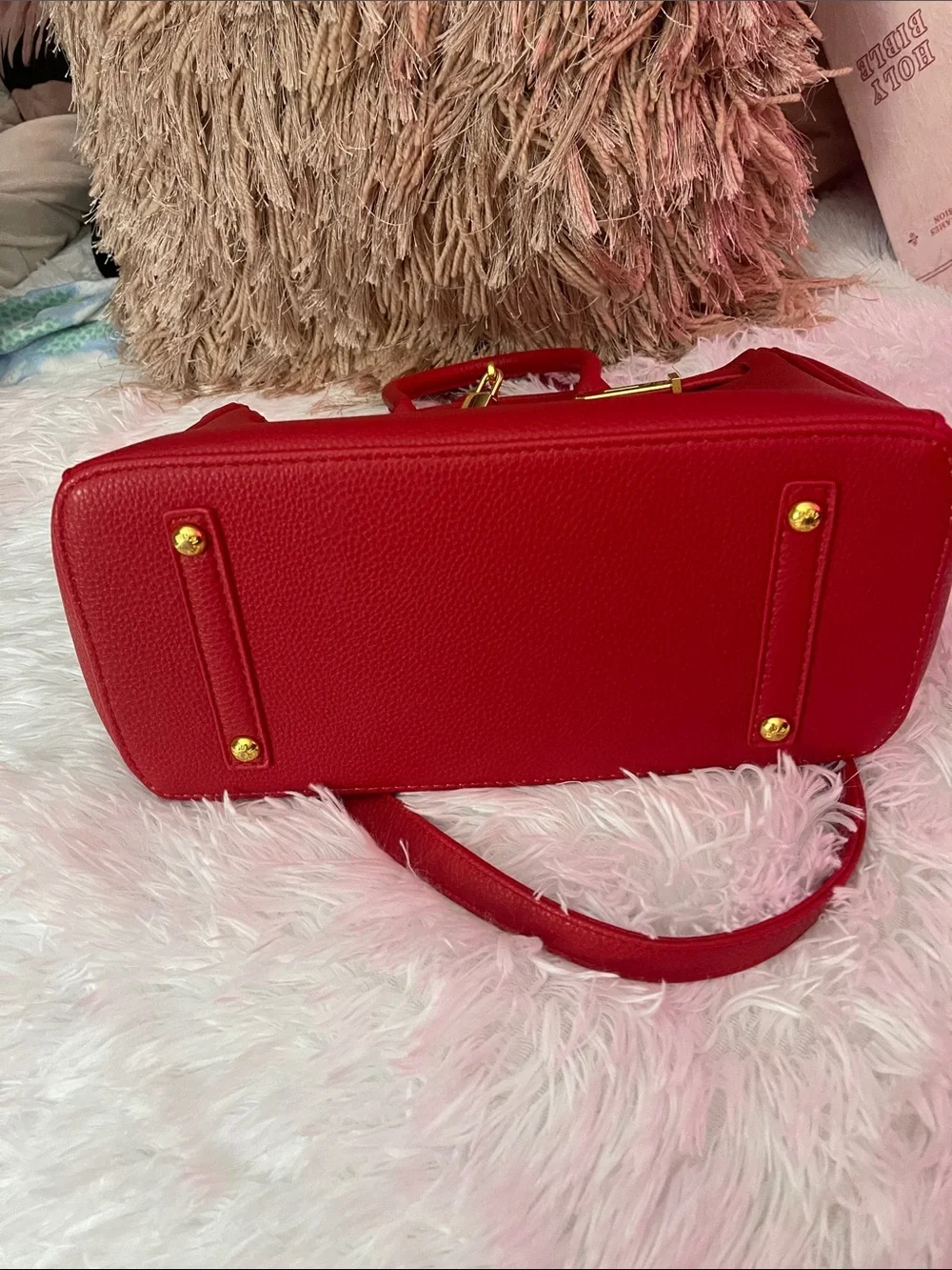 Red Women's Structured Satchel Handbag with Gold Hardware